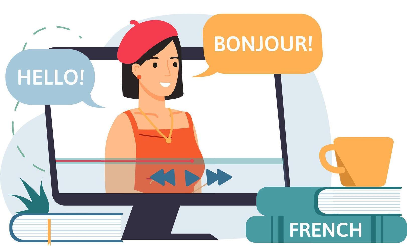 Online language lesson teaching French with tutor on screen vector