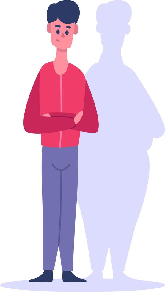 Man seeing fat shadow, body image insecurity concept vector