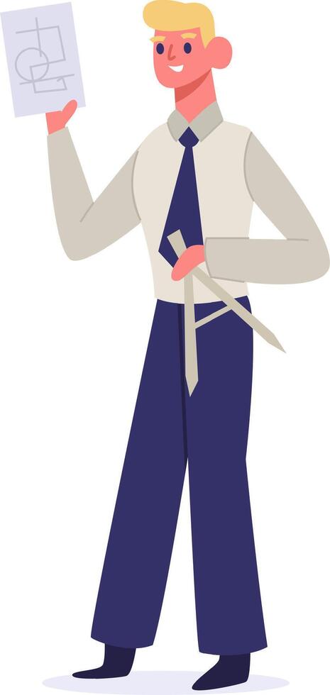 Man architect holding blueprint and drawing compass vector