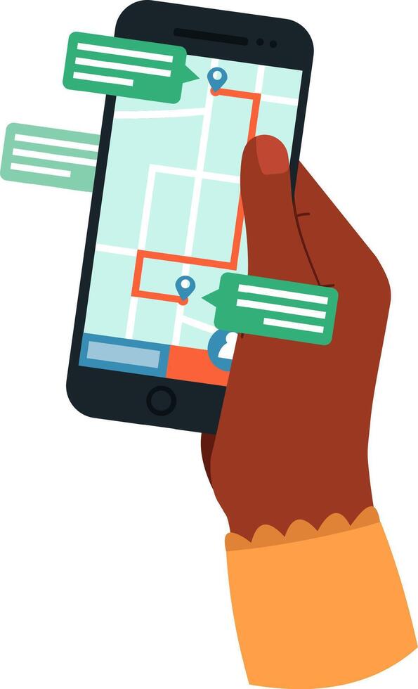 Hand holding smartphone displaying online map navigation route vector