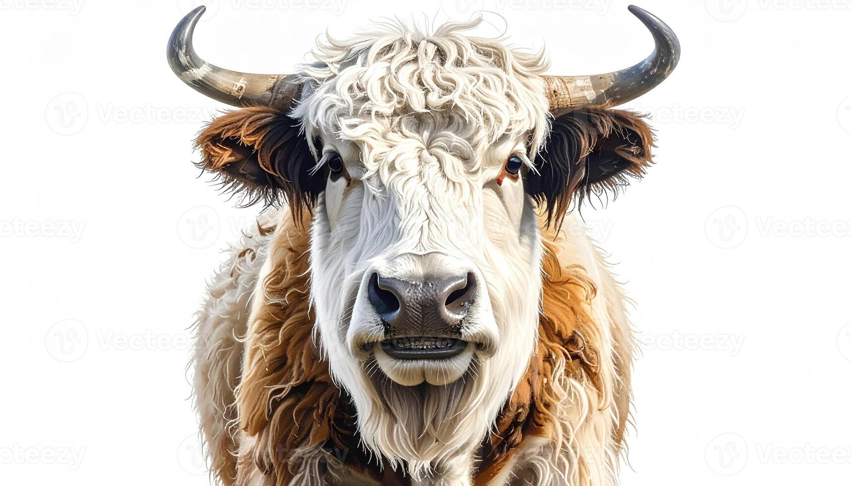 Close-up portrait of a multicolored cow, showcasing its expressive face and fluffy fur against a plain white background. The rich tones and detailed texture create a captivating image. photo