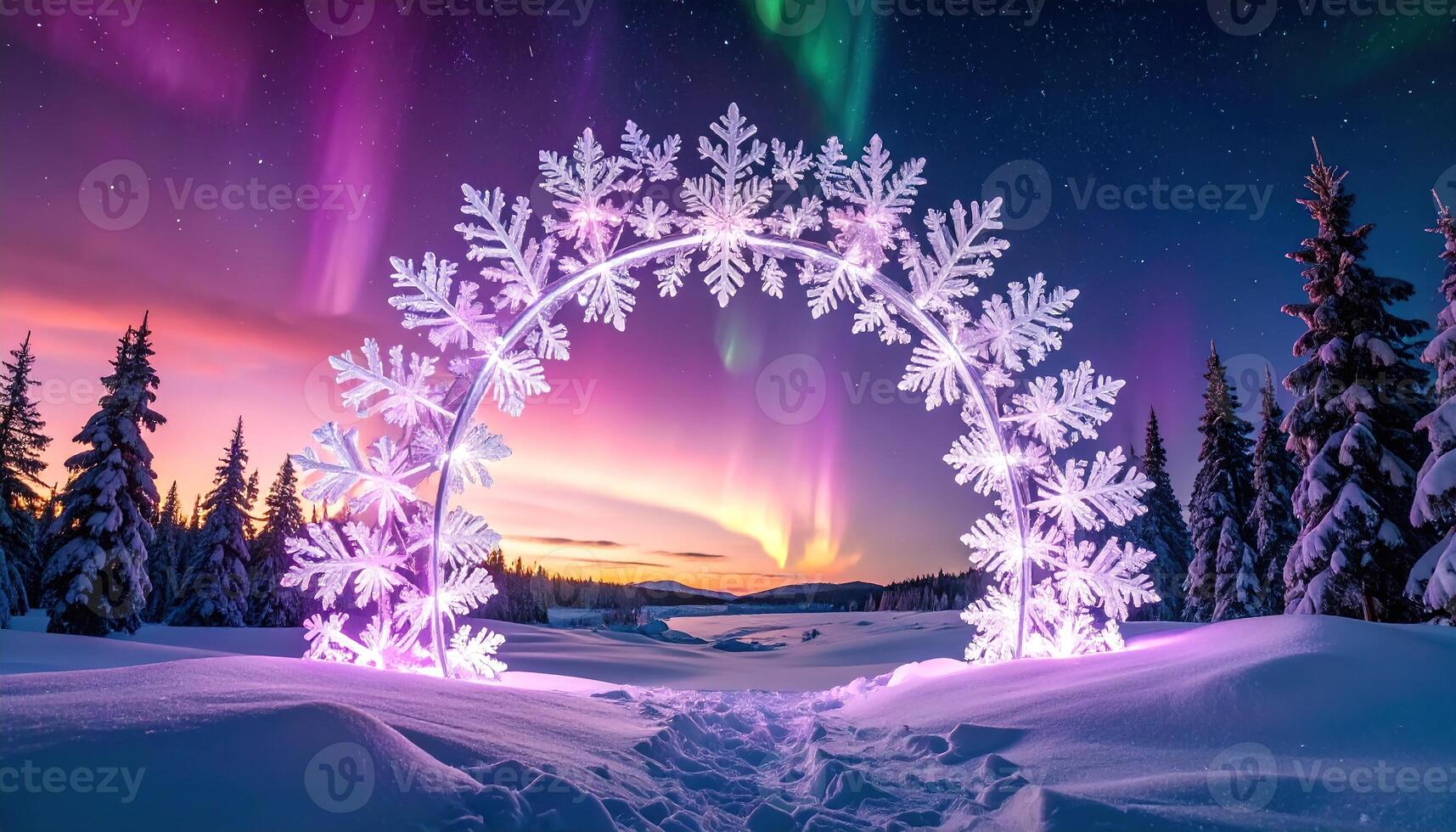 A magnificent archway of illuminated frost patterns stands in a snowy landscape, framed by a vibrant aurora borealis display. photo