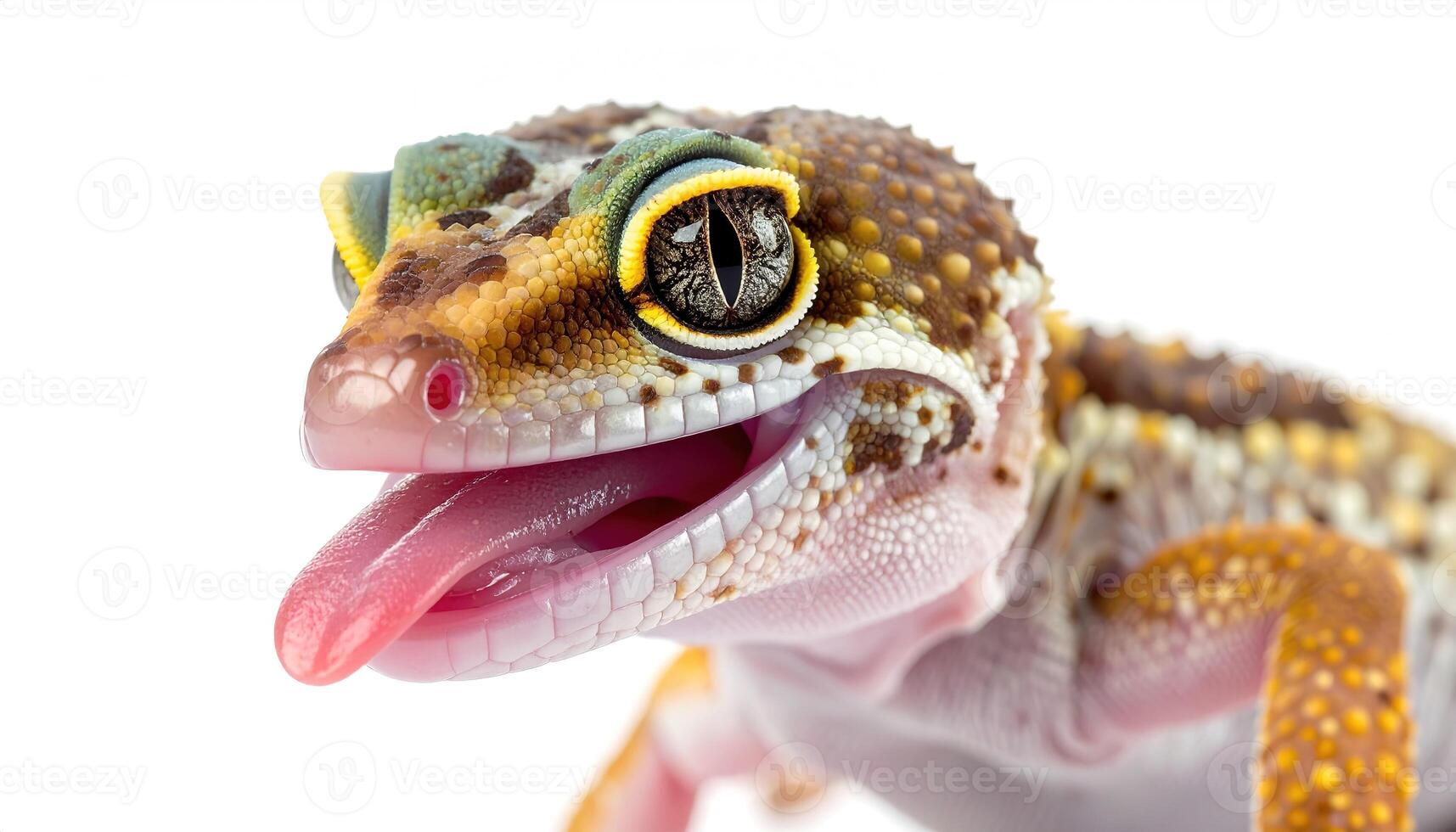 Close-up of a vibrant leopard gecko with an open mouth, showcasing its detailed patterns and expressive features against a simple white background. photo