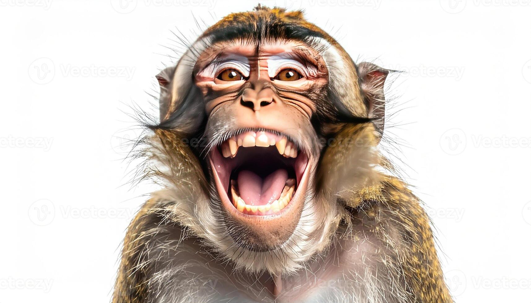 A close-up portrait of a playful monkey with an open-mouthed, joyful expression against a plain white backdrop. photo
