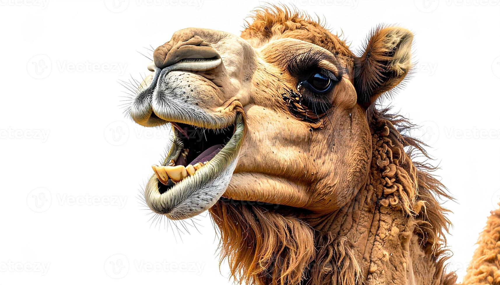 Close-up of a camel's head, with wide-open mouth, conveying a humorous or playful expression against a plain white background. photo