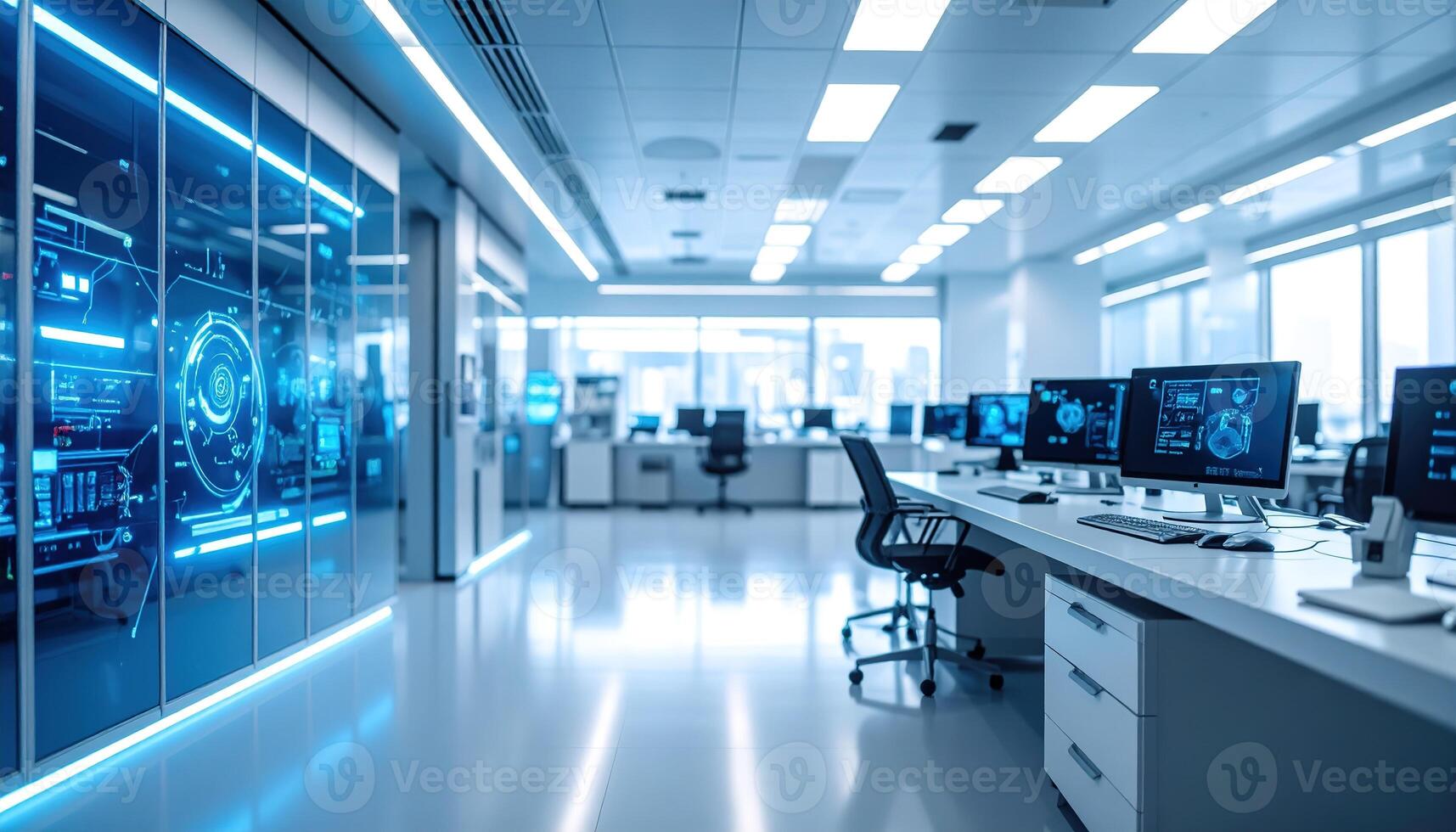 A modern, technologically advanced control room features interactive displays and numerous computer workstations. photo