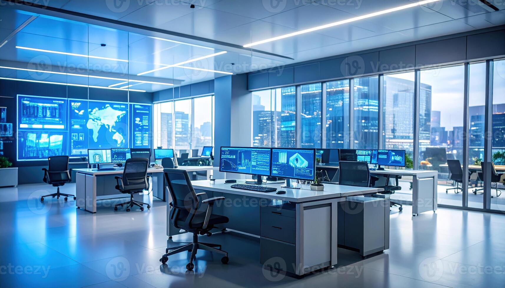 A modern, technologically advanced control room, illuminated by cool blue tones, showcasing numerous computers and displays with data visualizations, overlooking a bustling city skyline. photo