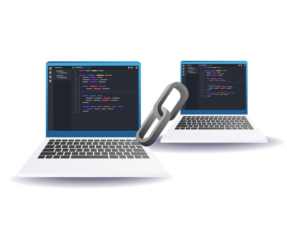 laptop with link symbol for programming,networking,and software development vector