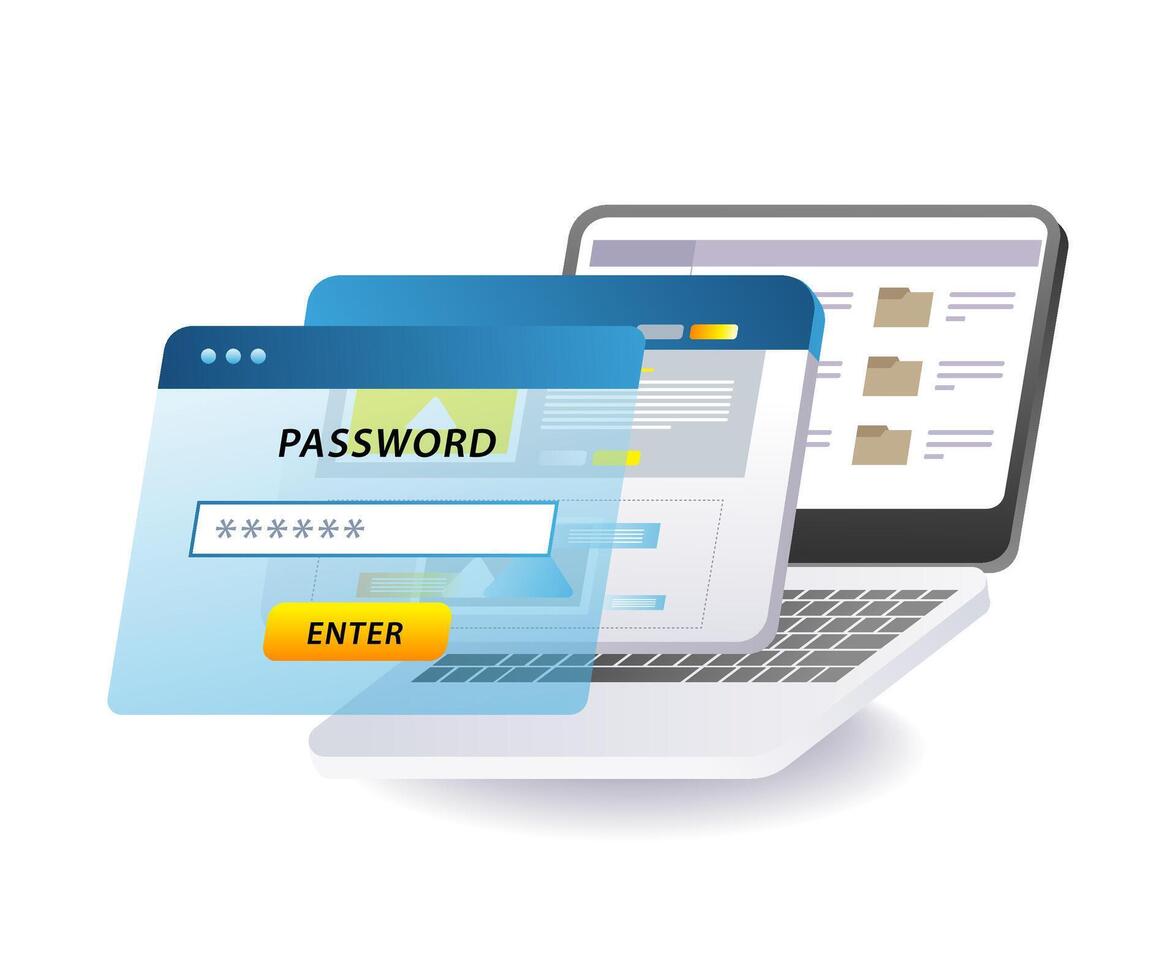 laptop computer with a password login screen displayed in front vector