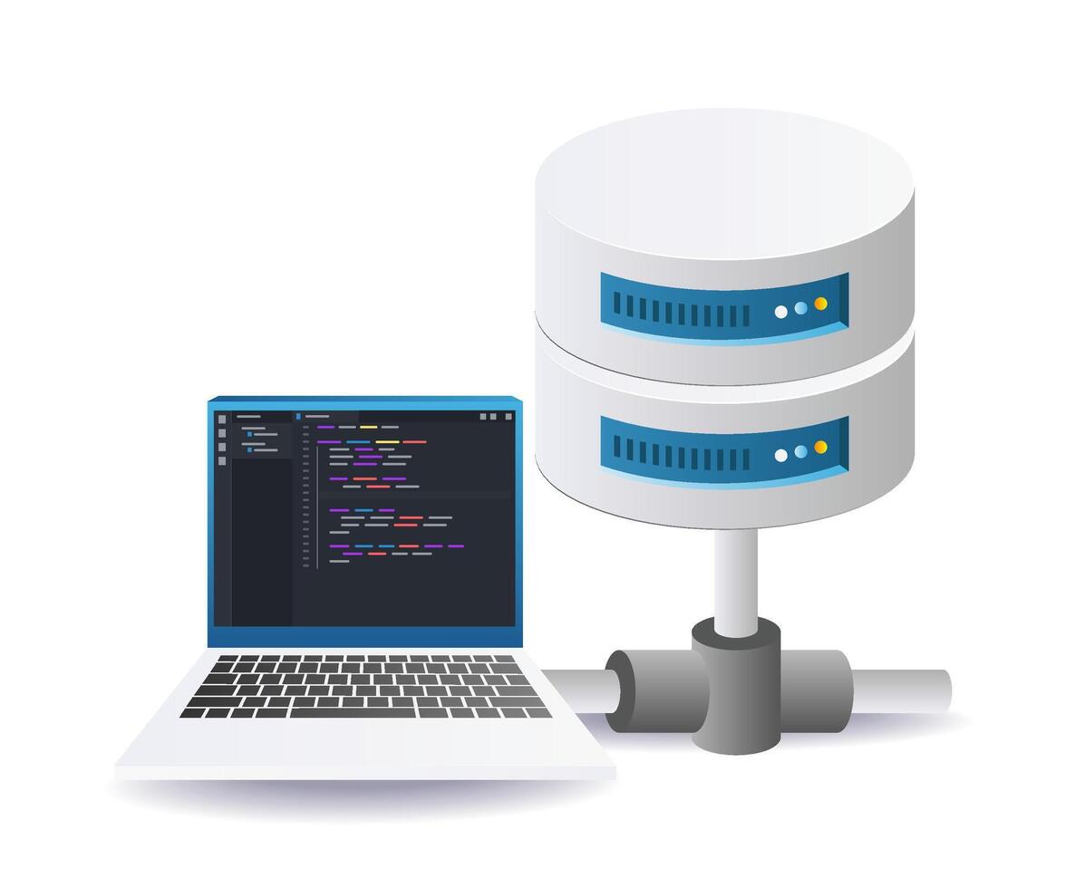 database network connection with laptop for information technology and data storage vector