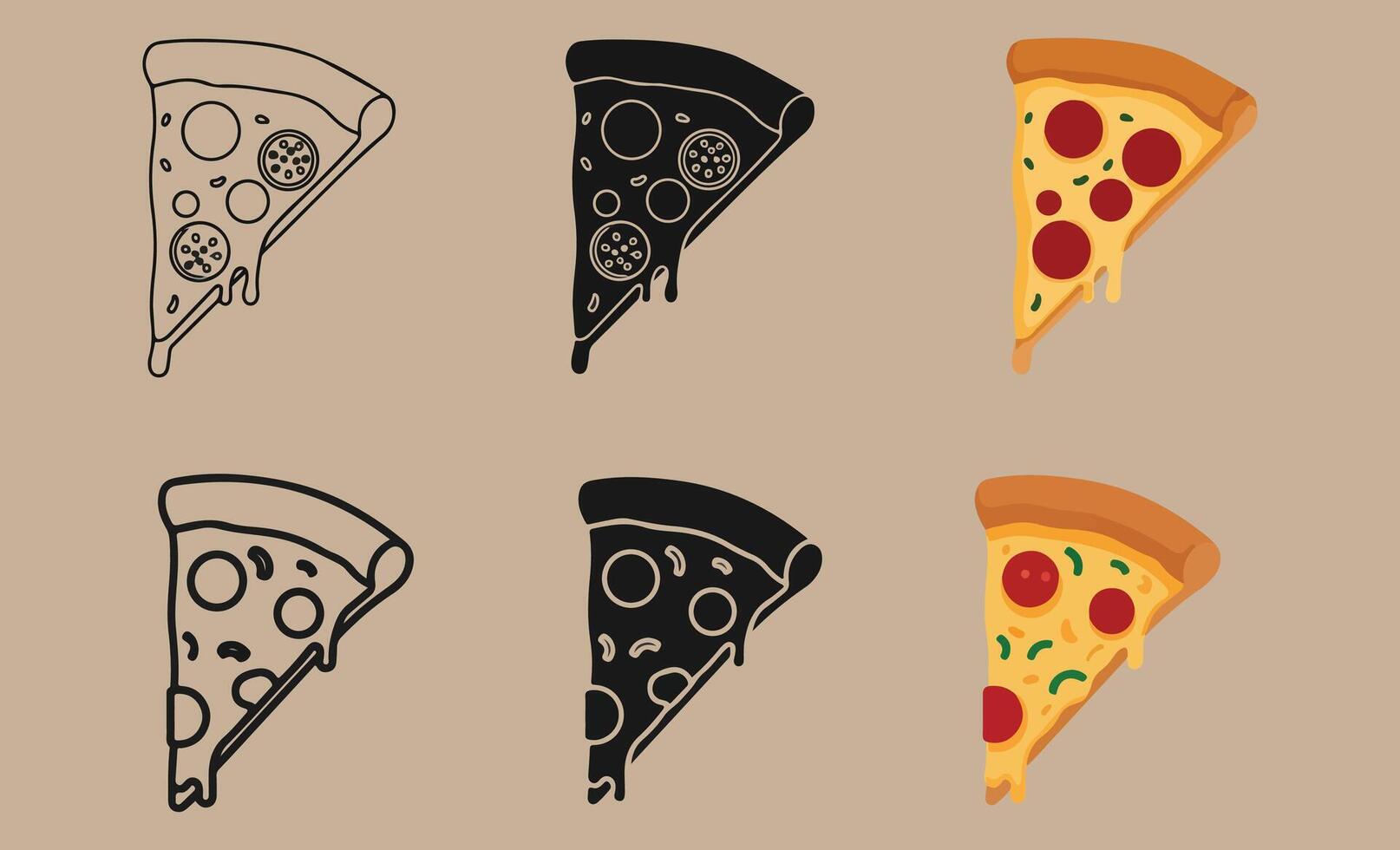 Six slices of pizza in different styles on a kraft paper background vector