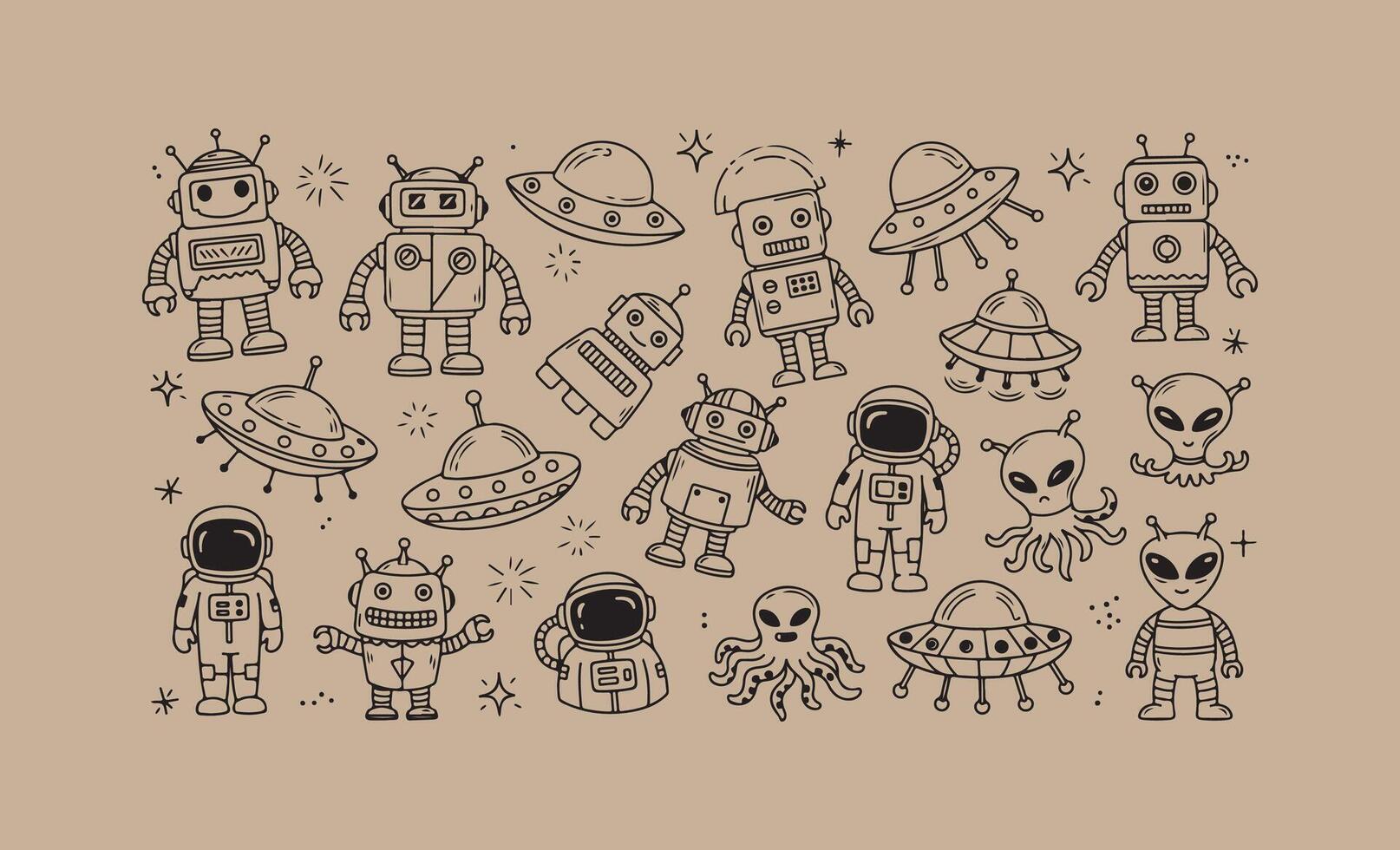 Whimsical hand drawn collection of robots aliens and spaceships vector