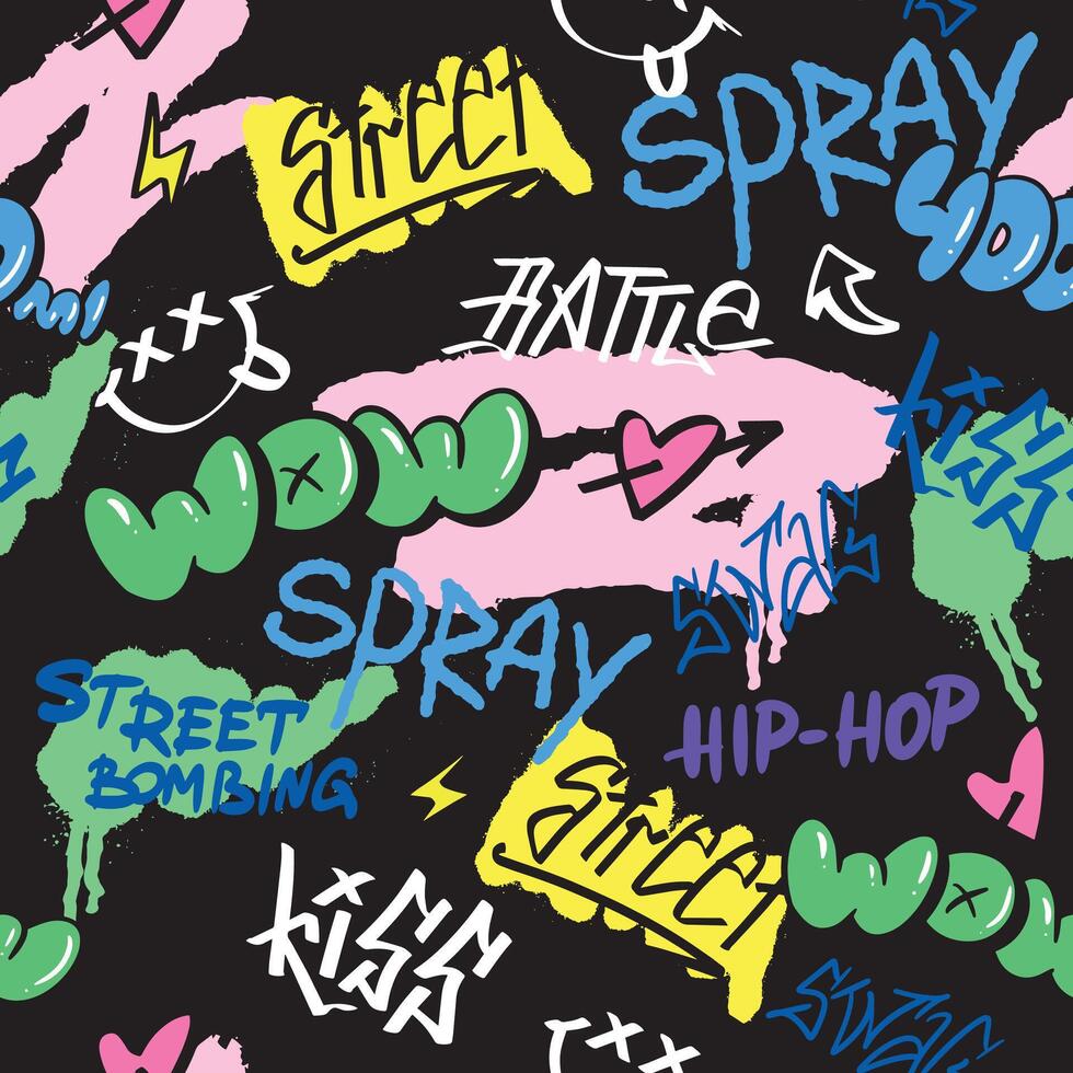 1Seamless pattern street graffiti lettering elements in the grunge style with tags, drips and blobs on black bg. Urban savage spray paint art. Set creative vector