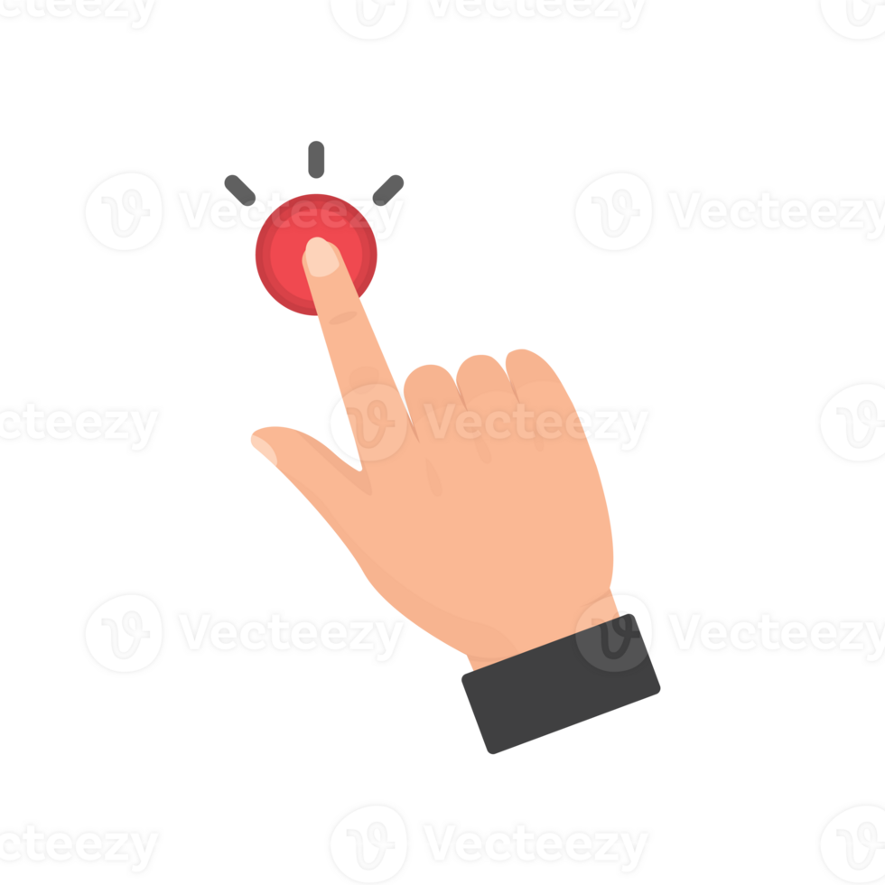 Flat Style Index Finger Touching Red Button Triggering Action Icon png