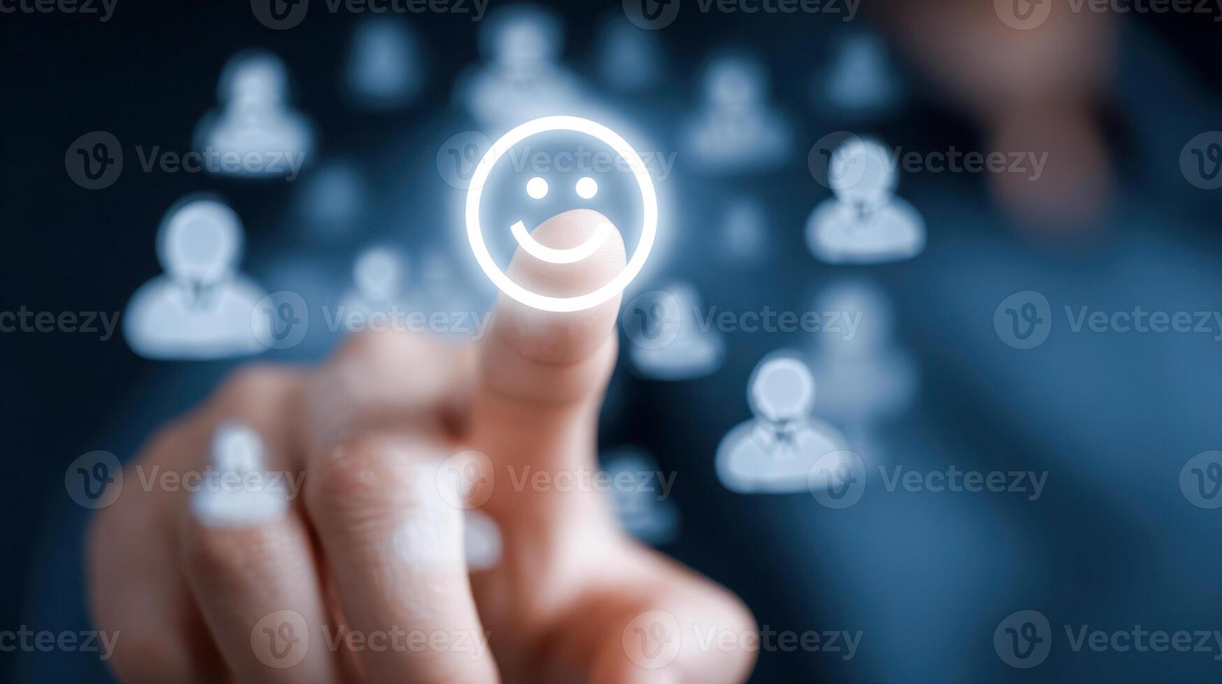 Person selecting a glowing happy face icon on a blurred digital social network interface symbolizing user satisfaction and positive feedback concept photo