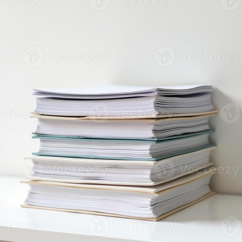Tall stack of paper files with colored folders on white surface in soft light photo