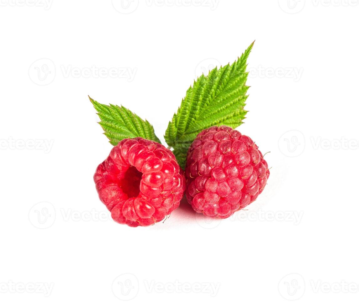 Raspberry isolated. Raspberries with leaf isolate. Raspberry with leaf isolated on white. photo