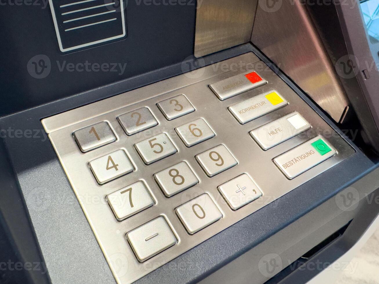 Atm keypad close-up with buttons and screen for transaction interaction photo