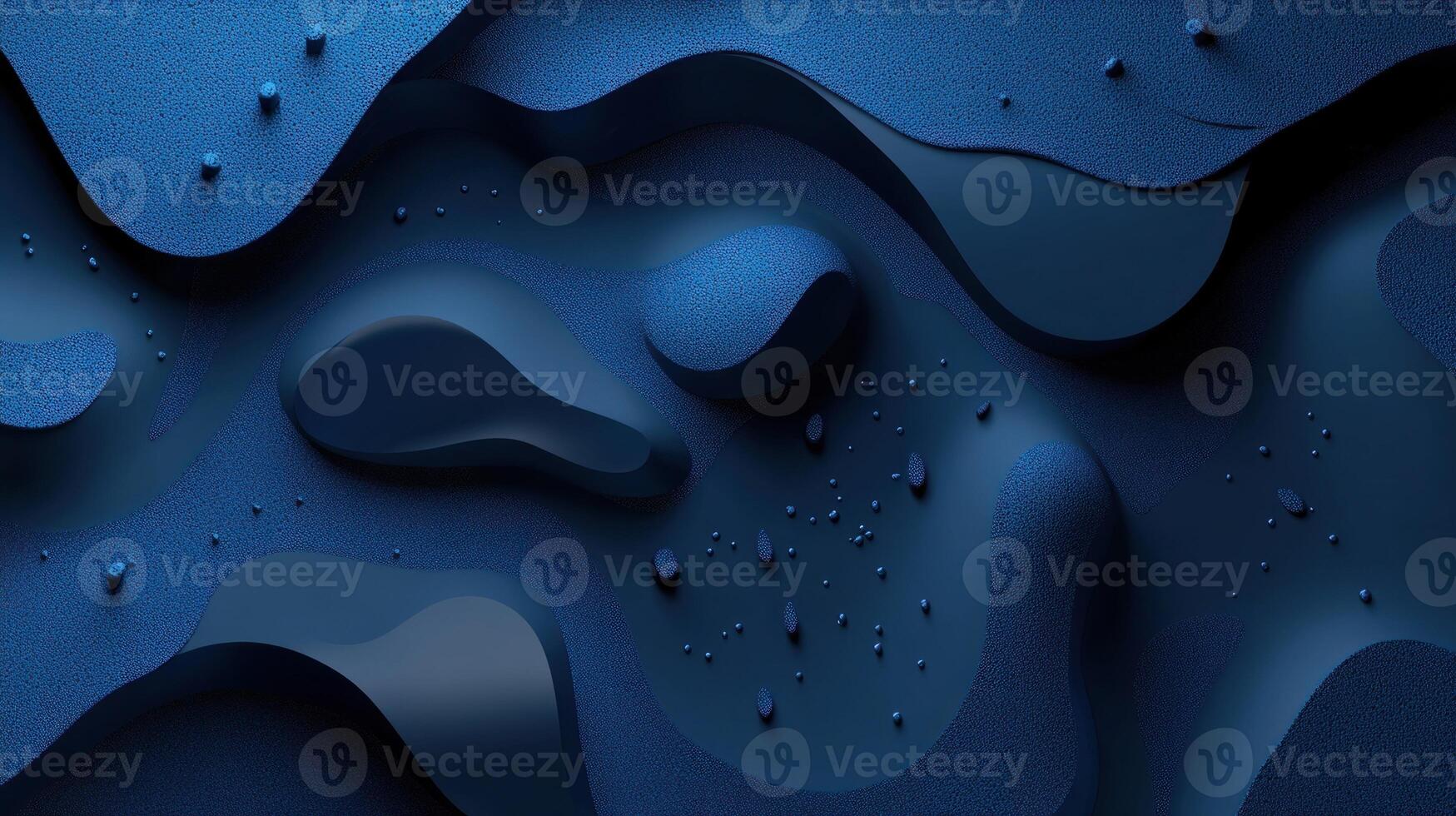 Abstract 3D rendering of a textured, undulating navy blue surface with scattered small spheres, creating a depth of field and organic shapes photo