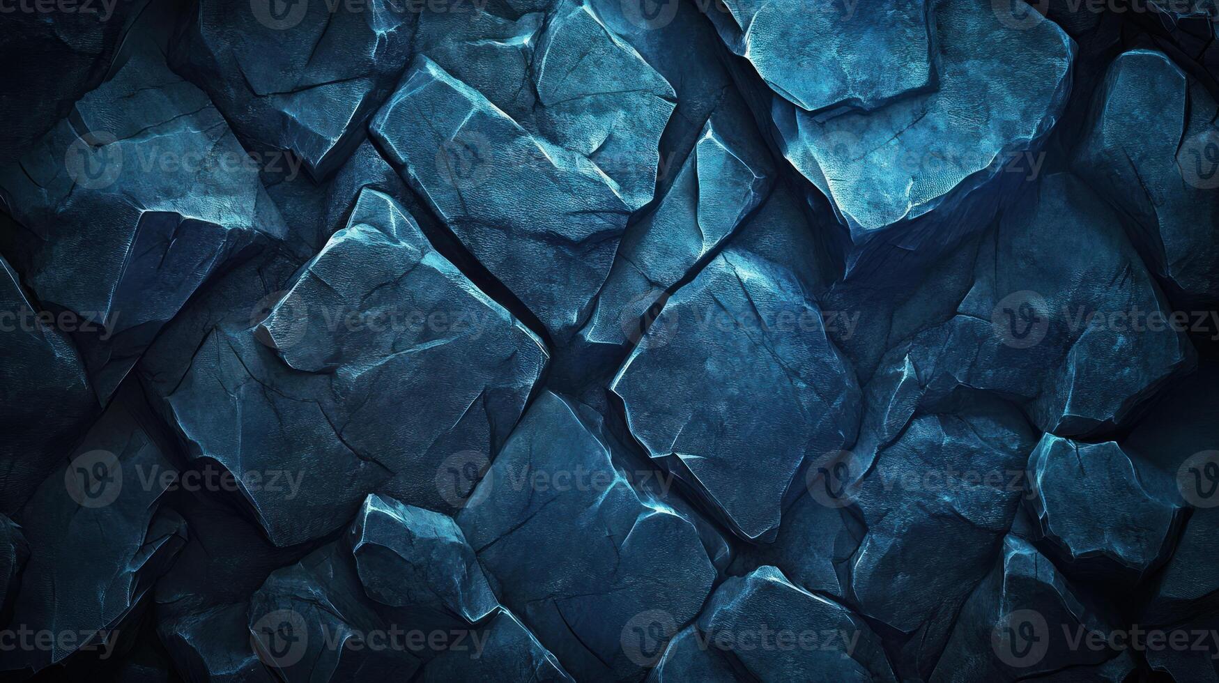 A digital illustration of a dark blue, rough-hewn stone wall texture, with deep shadows and irregular, fragmented stone shapes. The color is consistent, creating a cool, mysterious atmosphere photo
