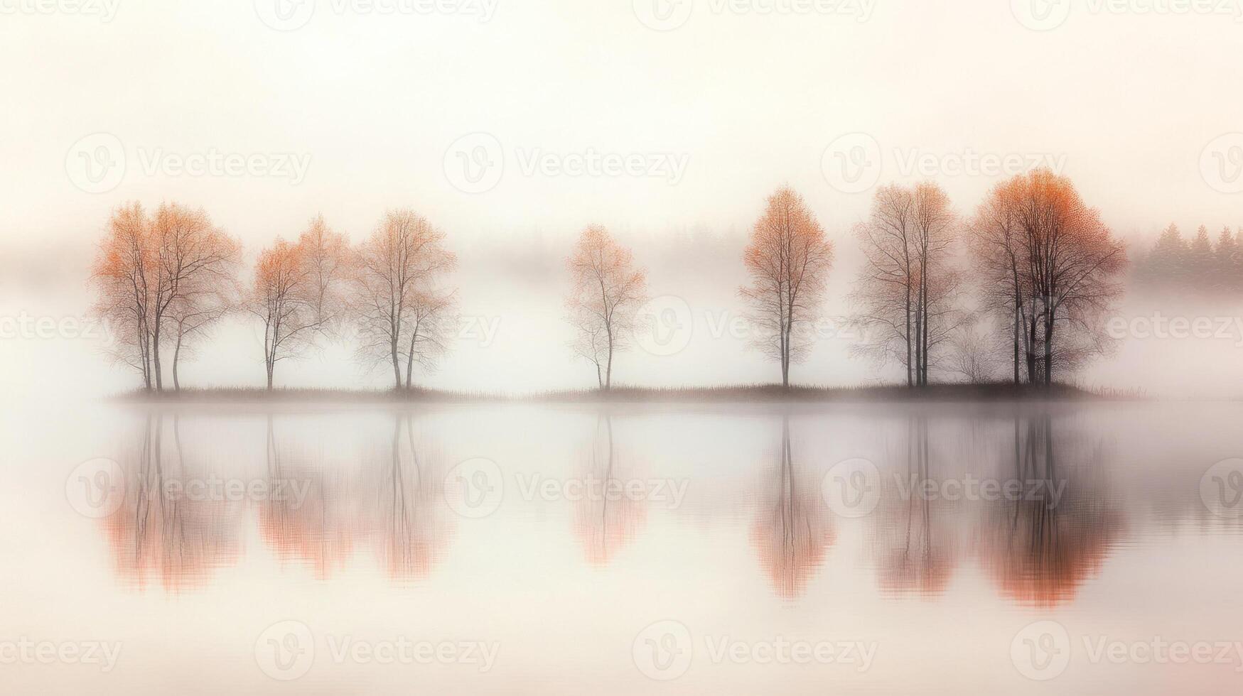Serene dawn mist shrouds a line of leafless trees on a calm lake, their reflections mirrored perfectly in the still water, creating a tranquil and ethereal atmosphere photo