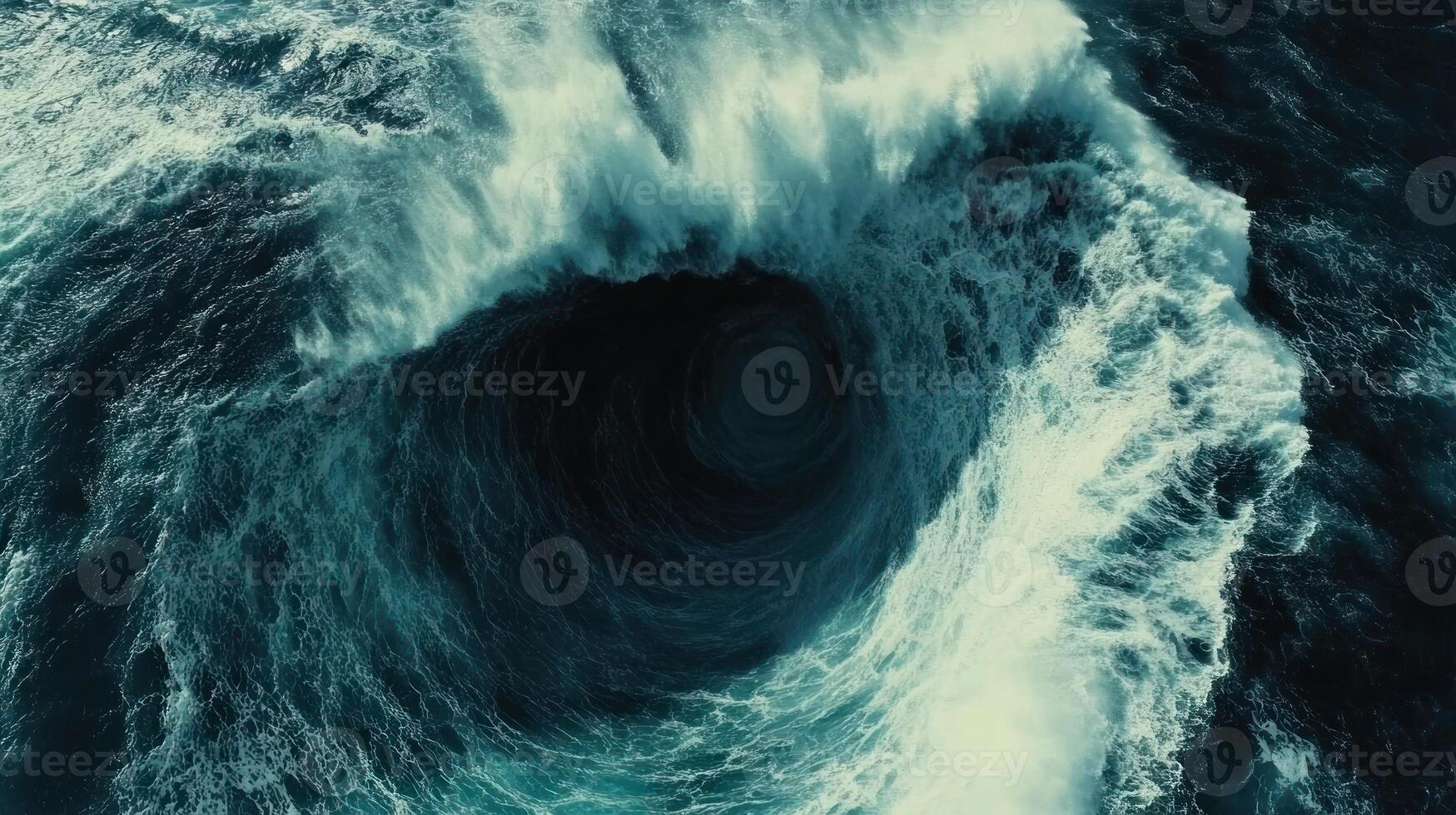 A swirling vortex of dark ocean water is surrounded by turbulent, frothy waves, creating a dramatic, almost ethereal, view from above. The dark center suggests depth and mystery photo