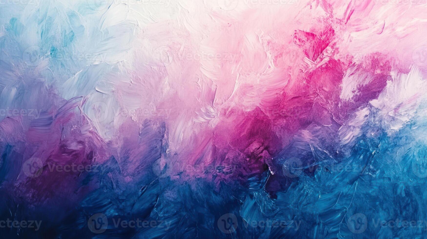 An abstract painting with a vibrant gradient of cool and warm colors. Thick, textured brushstrokes blend blues, purples, pinks, and whites creating a dynamic, almost cloud-like effect photo