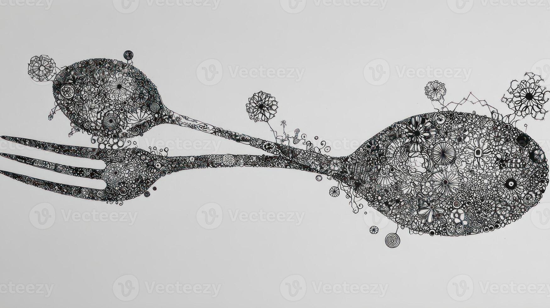 Ornate, floral-patterned fork and spoon overlapping on white background photo