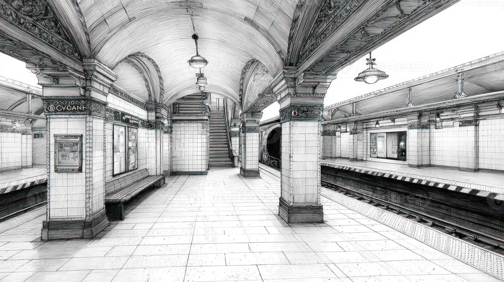 Intricate drawing of tiled subway station with arched ceiling and platform photo