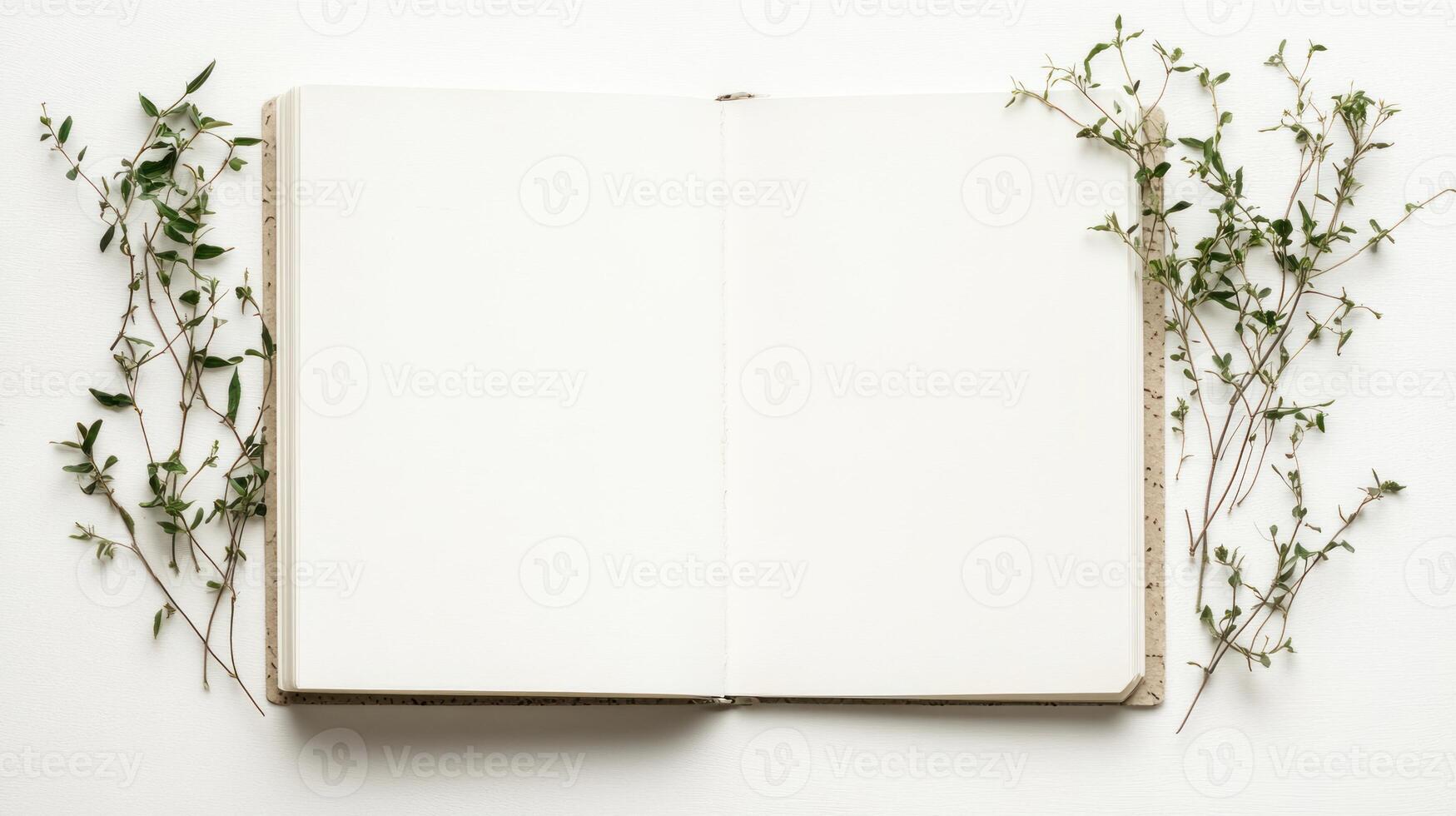 Open notebook with sprigs of greenery photo