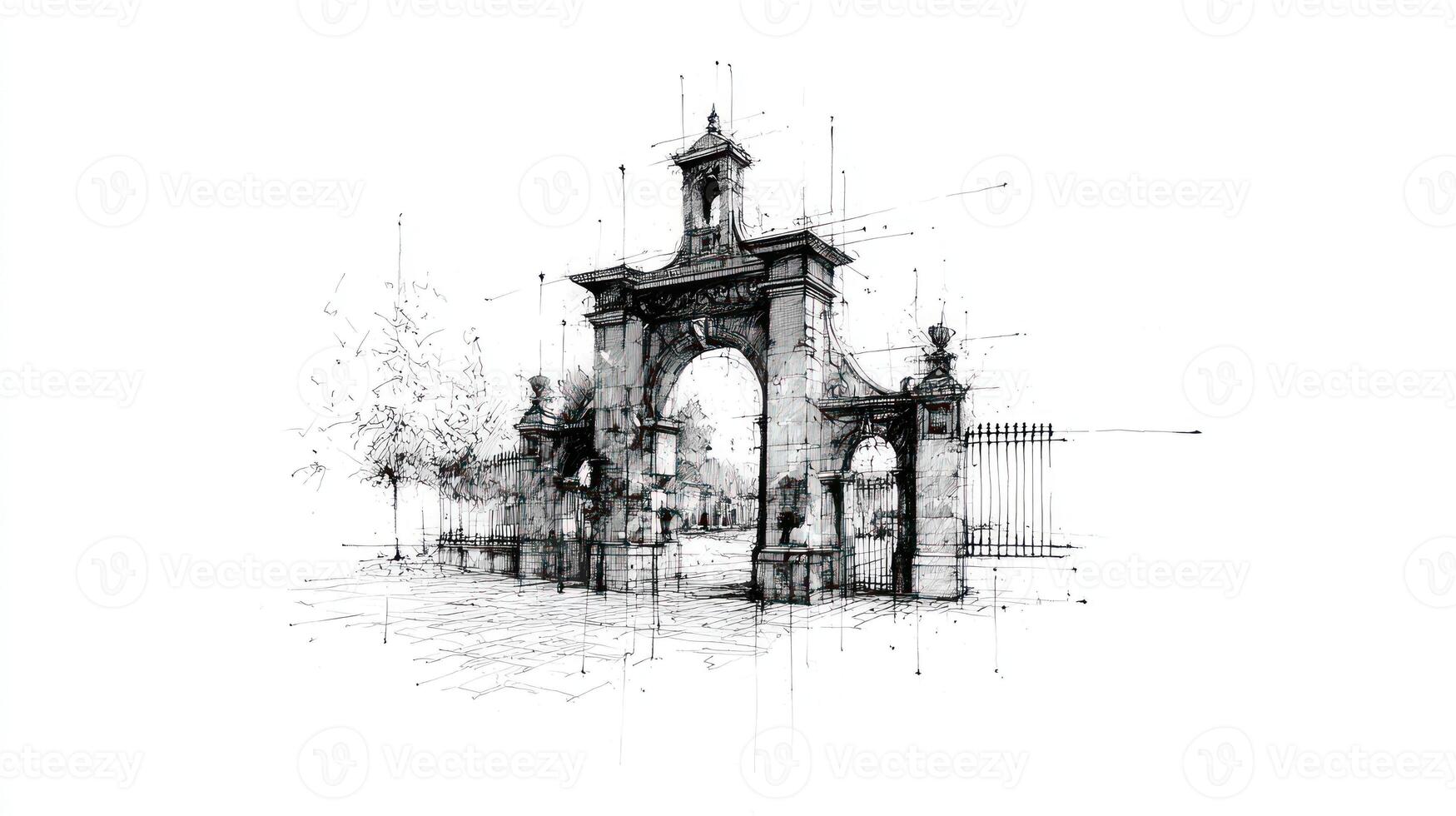 Intricate ink sketch of an ornate gateway with archway and flanking structures photo