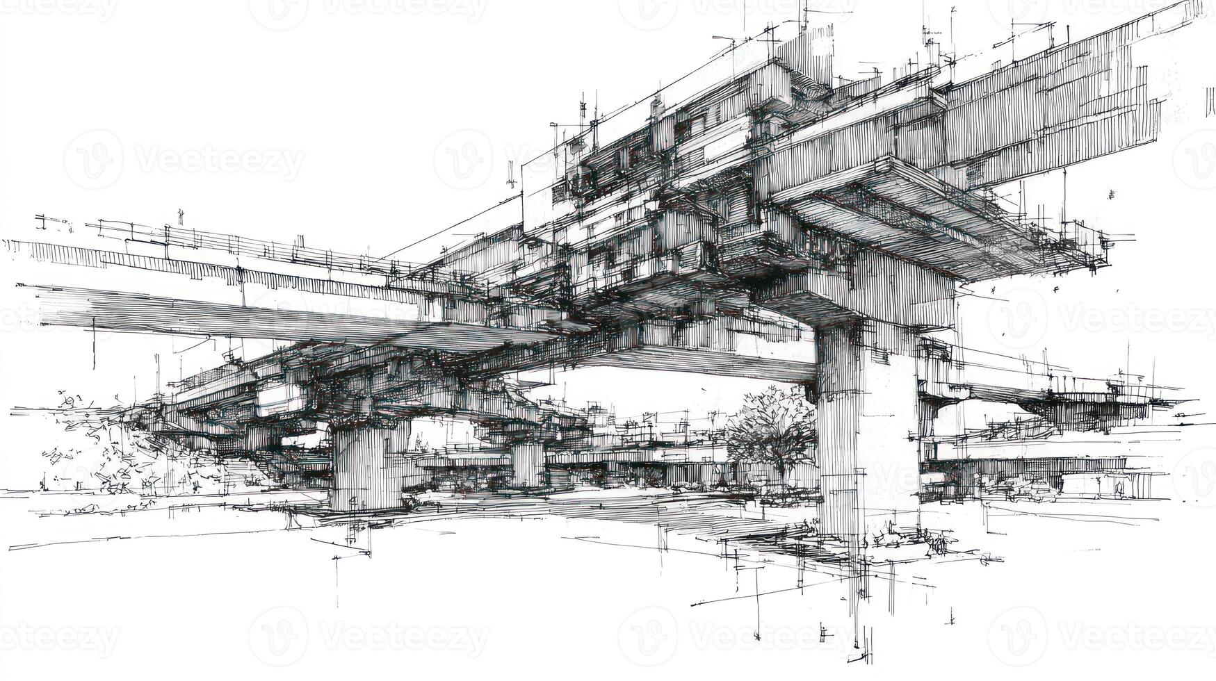 Detailed architectural sketch of elevated highway structures in a monochromatic view photo
