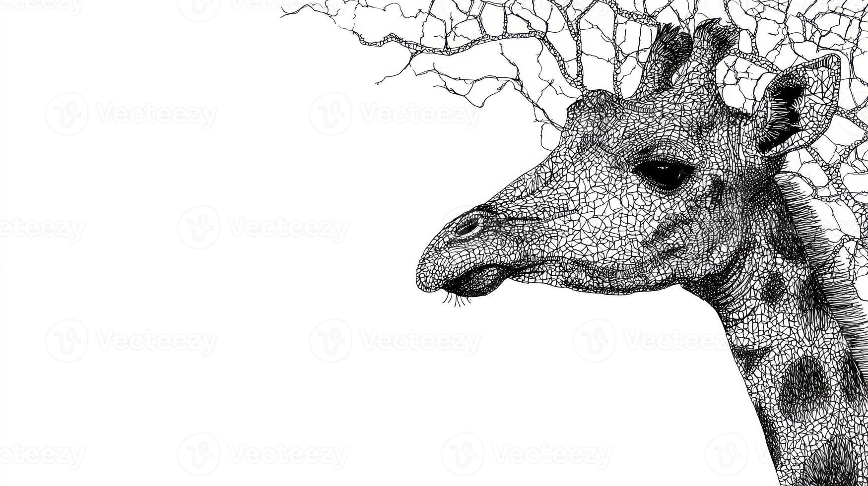 Pointillist giraffe portrait, with tree branch-like patterns merging into the sky photo