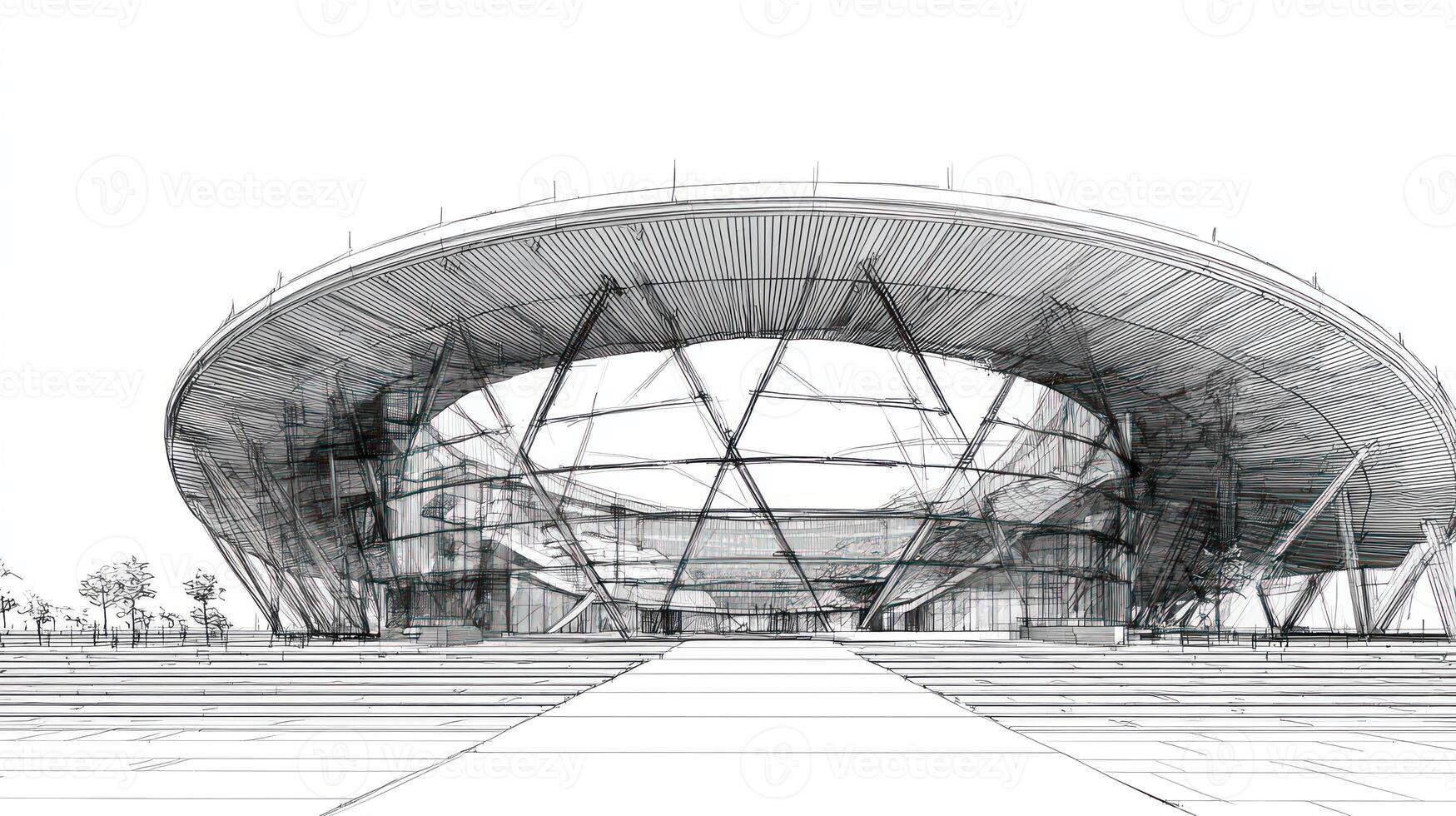 Sketch of a modern, circular building with intricate support structure photo