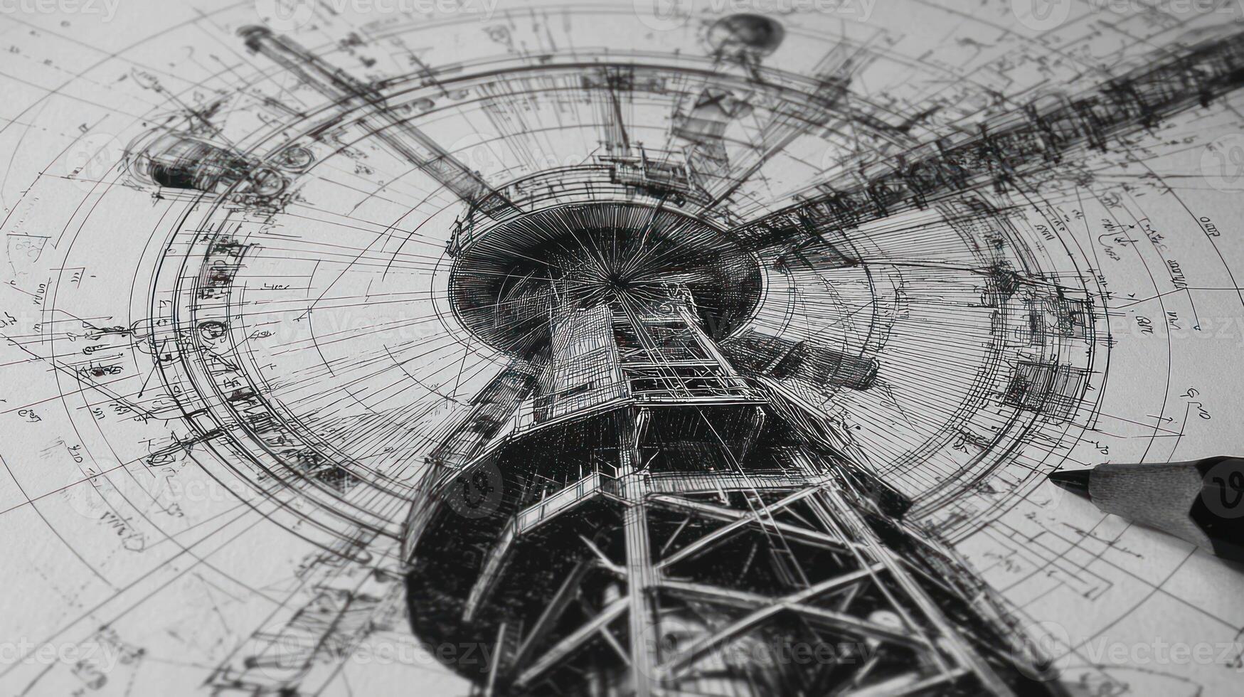 Intricate drawing of a towering structure with circular details photo