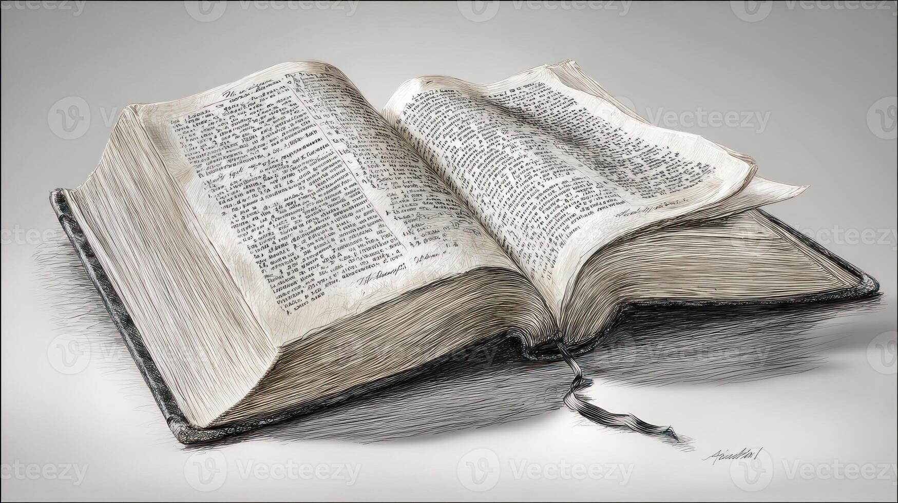 Open book with aged pages, showing text, in a grayscale drawing style photo