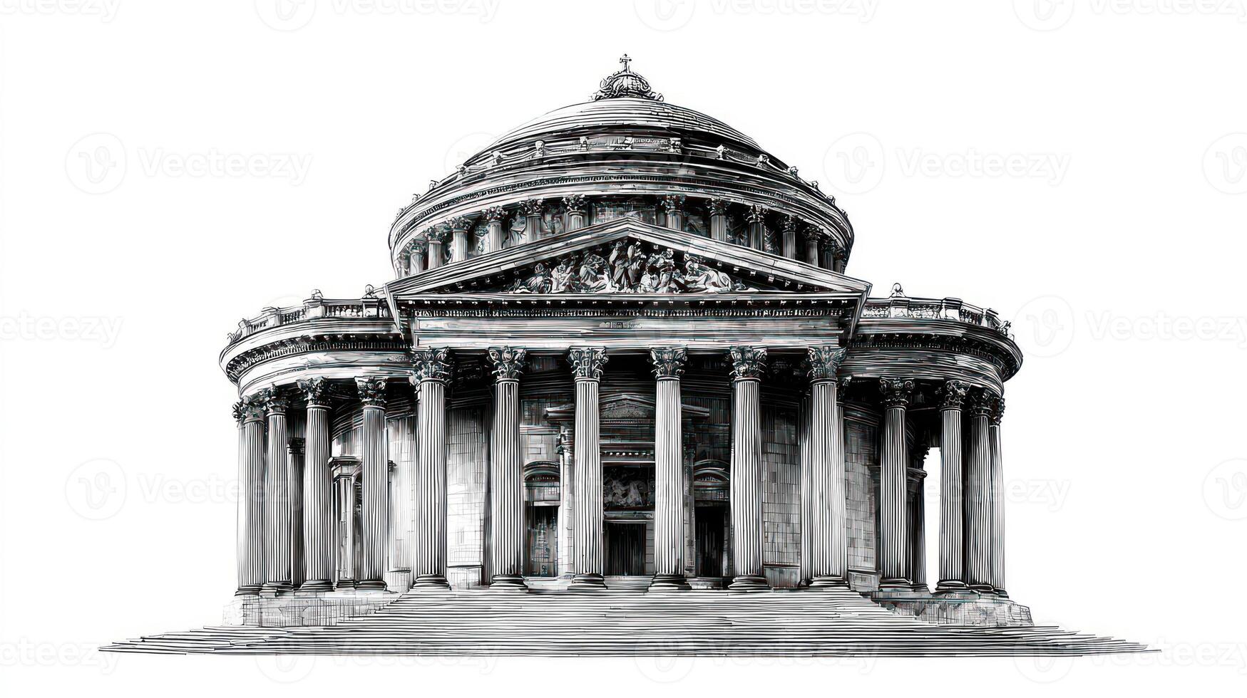 Classic architecture domed building with columns, sketched in shades of gray photo