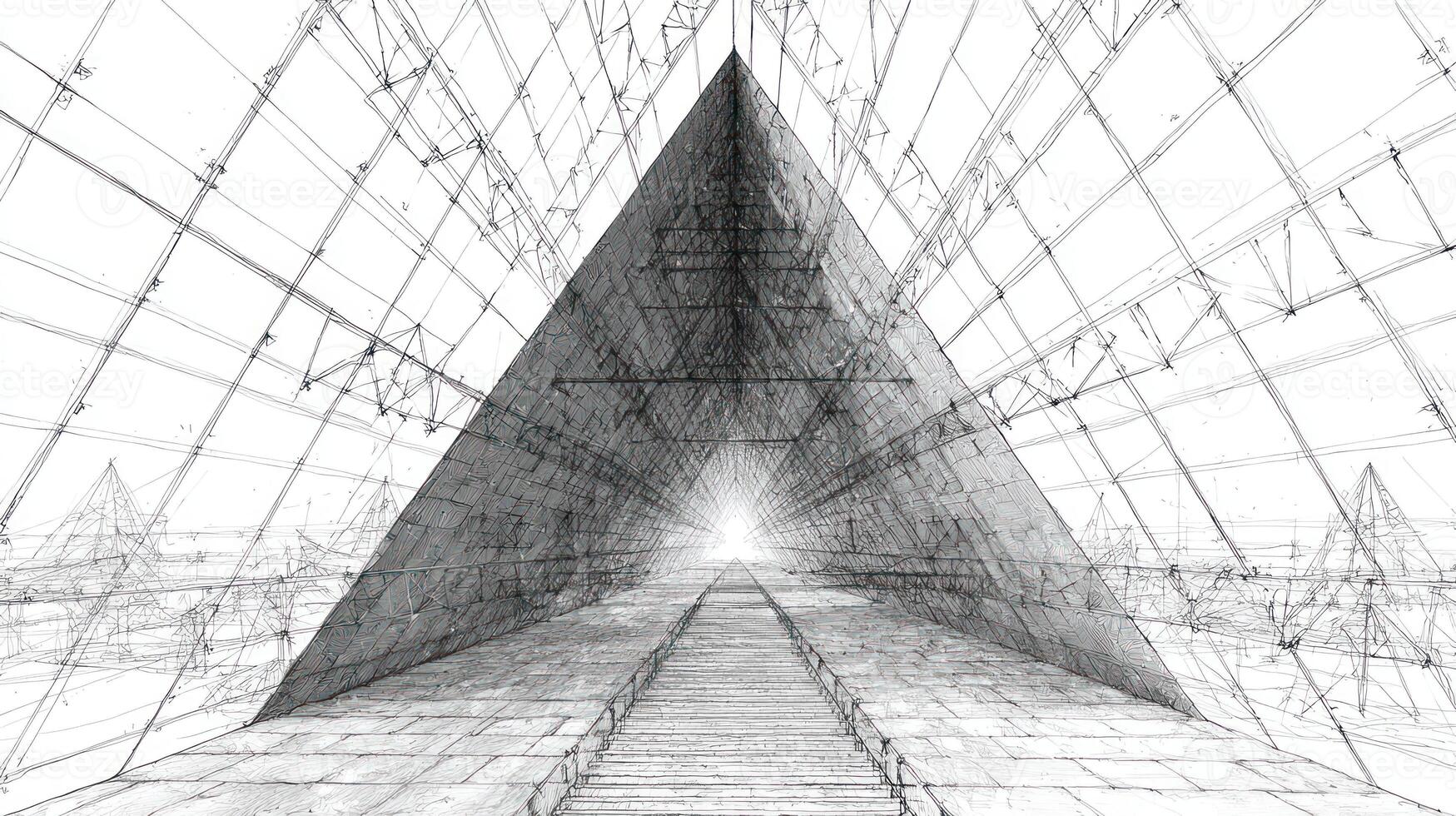 Perspective view a pyramid hallway, constructed of light framework, drawing photo