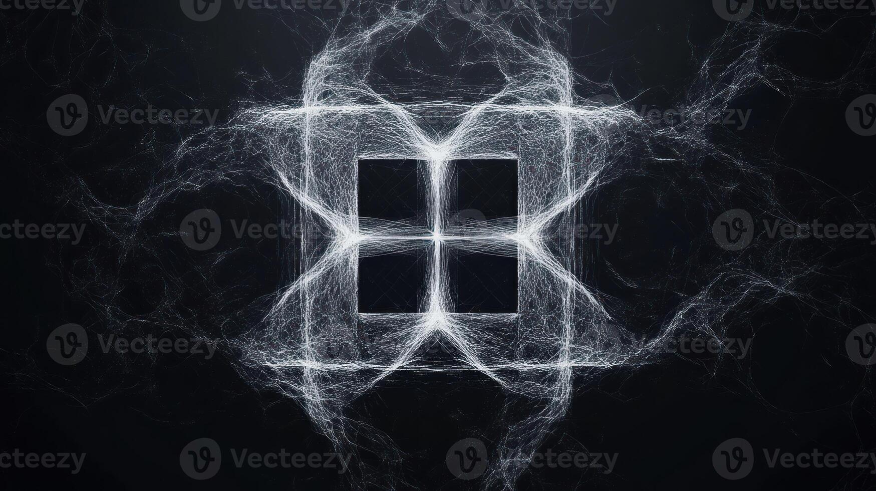 Abstract design of a web-like pattern surrounding a central square photo