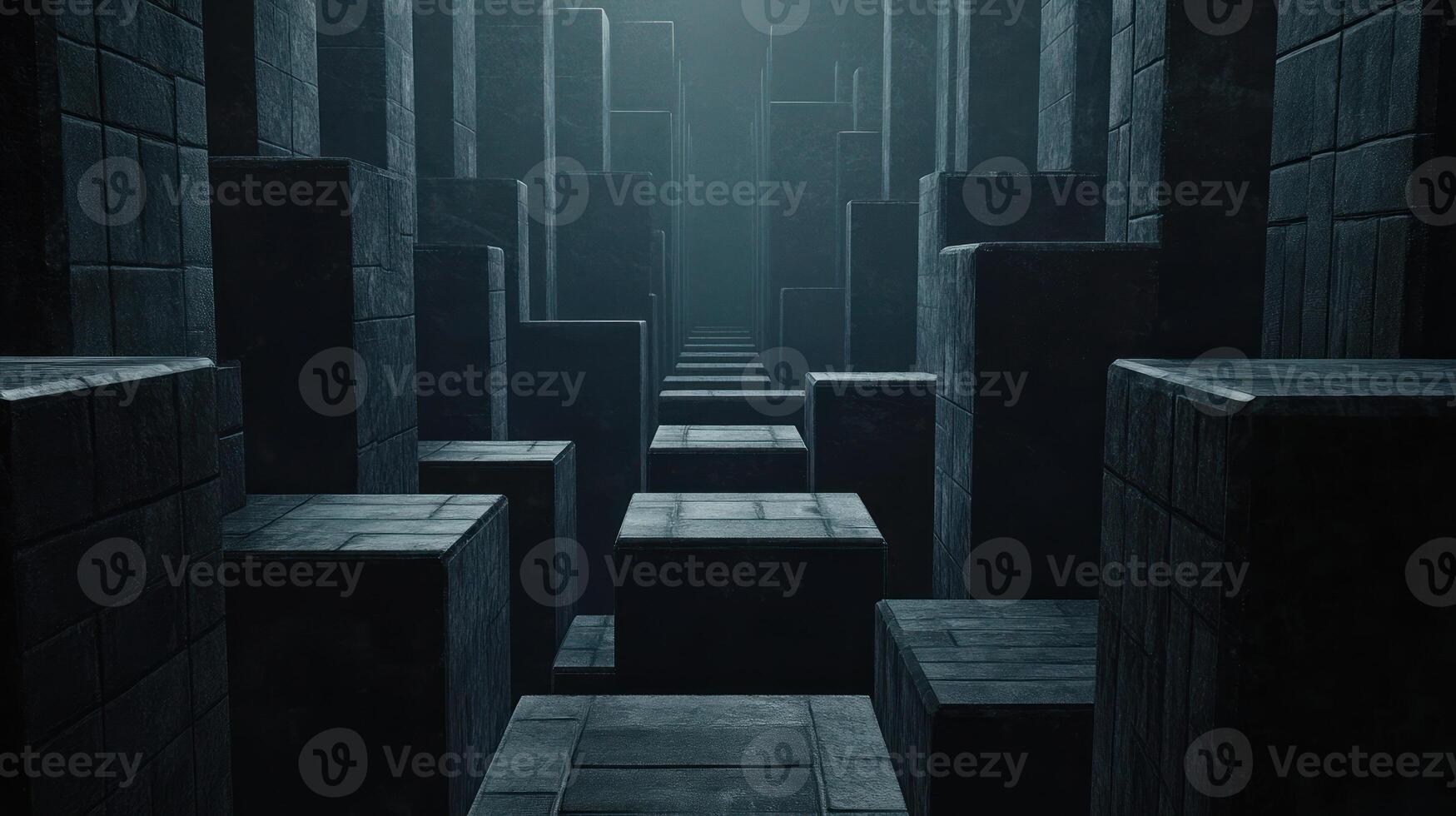 Dark, structured corridor lined with rectangular blocks photo