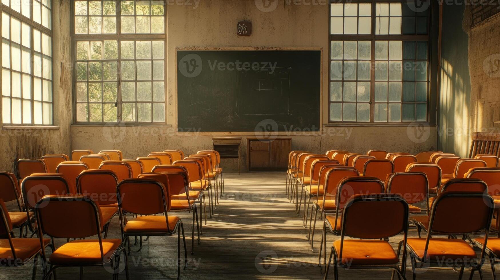 Empty classroom, sunlight streams through large windows photo