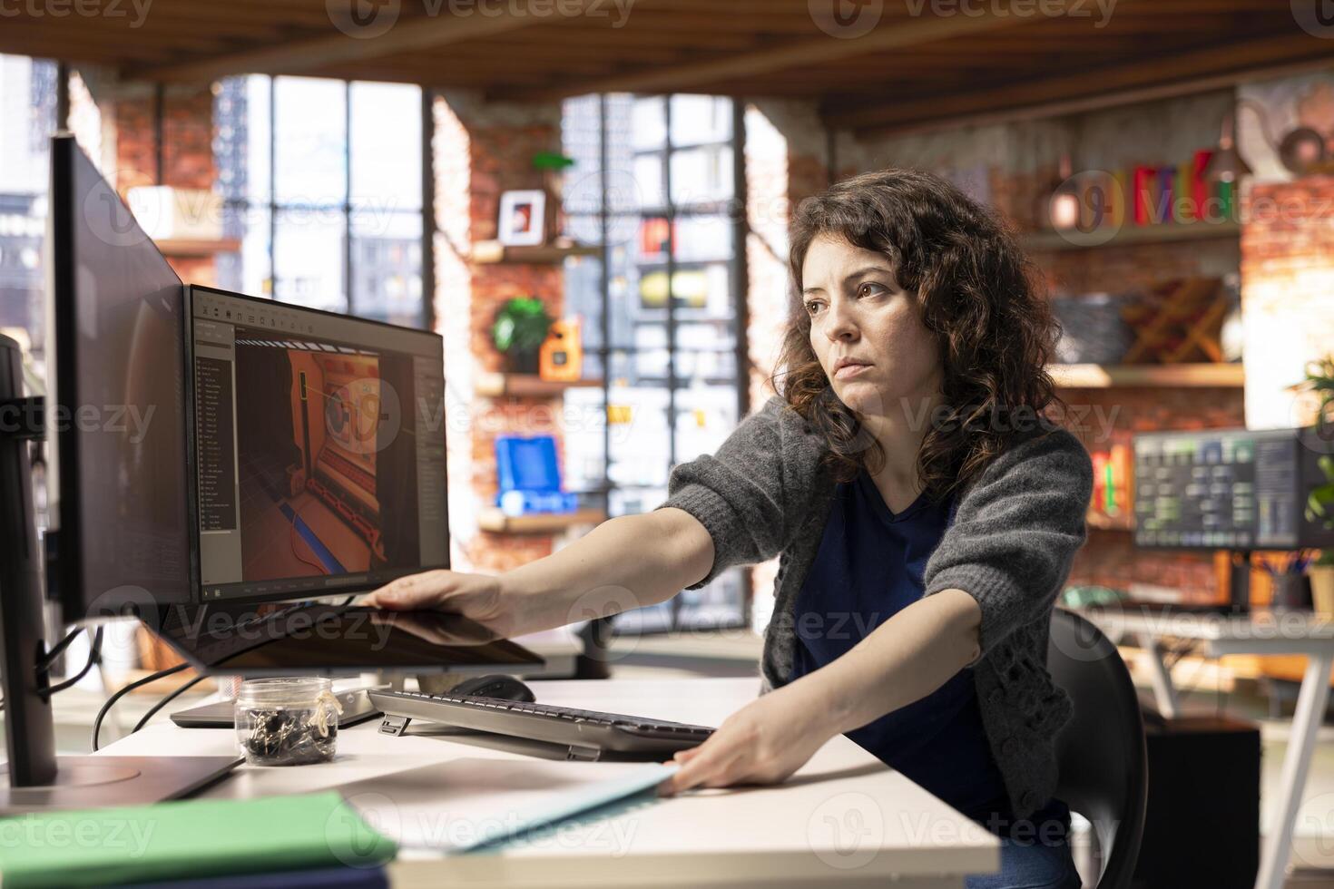 User working on a futuristic project with an AI powered game development application, using artificial intelligence to create a space station sci fi game. Neural network based software. photo