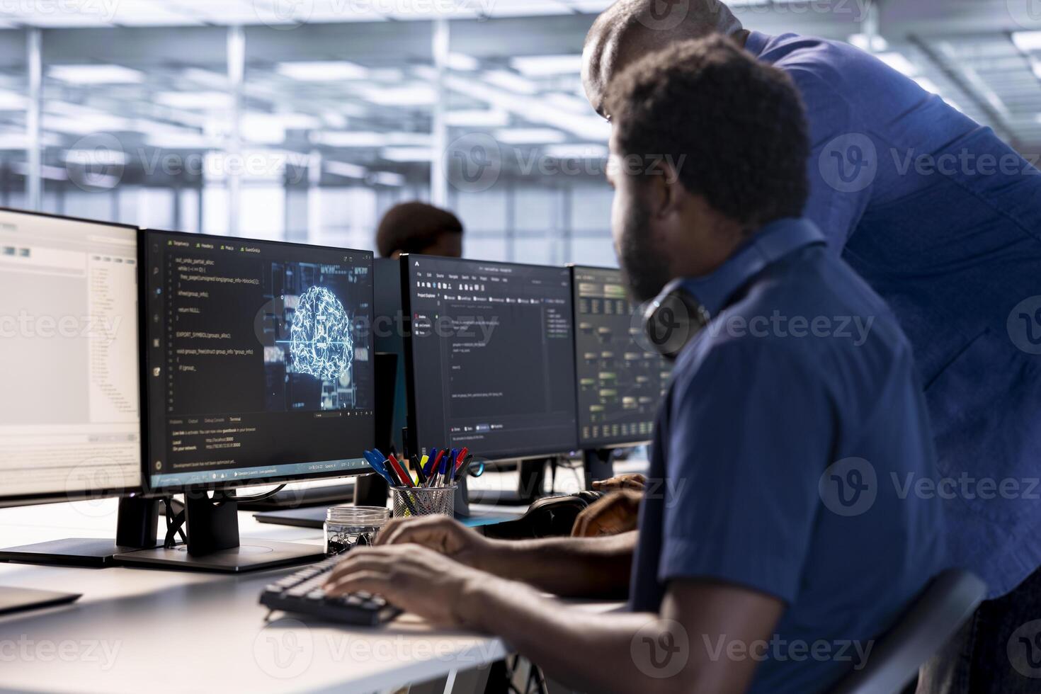 Team of server farm coworkers using AI systems to input data faster during complex computational tasks. Teamworking data center colleagues using artificial intelligence parallel processing tech photo