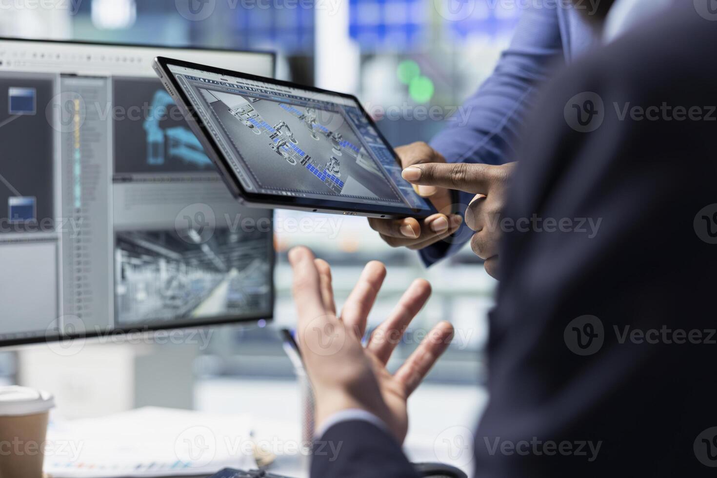 Engineering team reviewing insight for the production line in a solar factory, reinforcing the value of leadership and alternative energy efficiency in green technology settings. Solar tech. photo