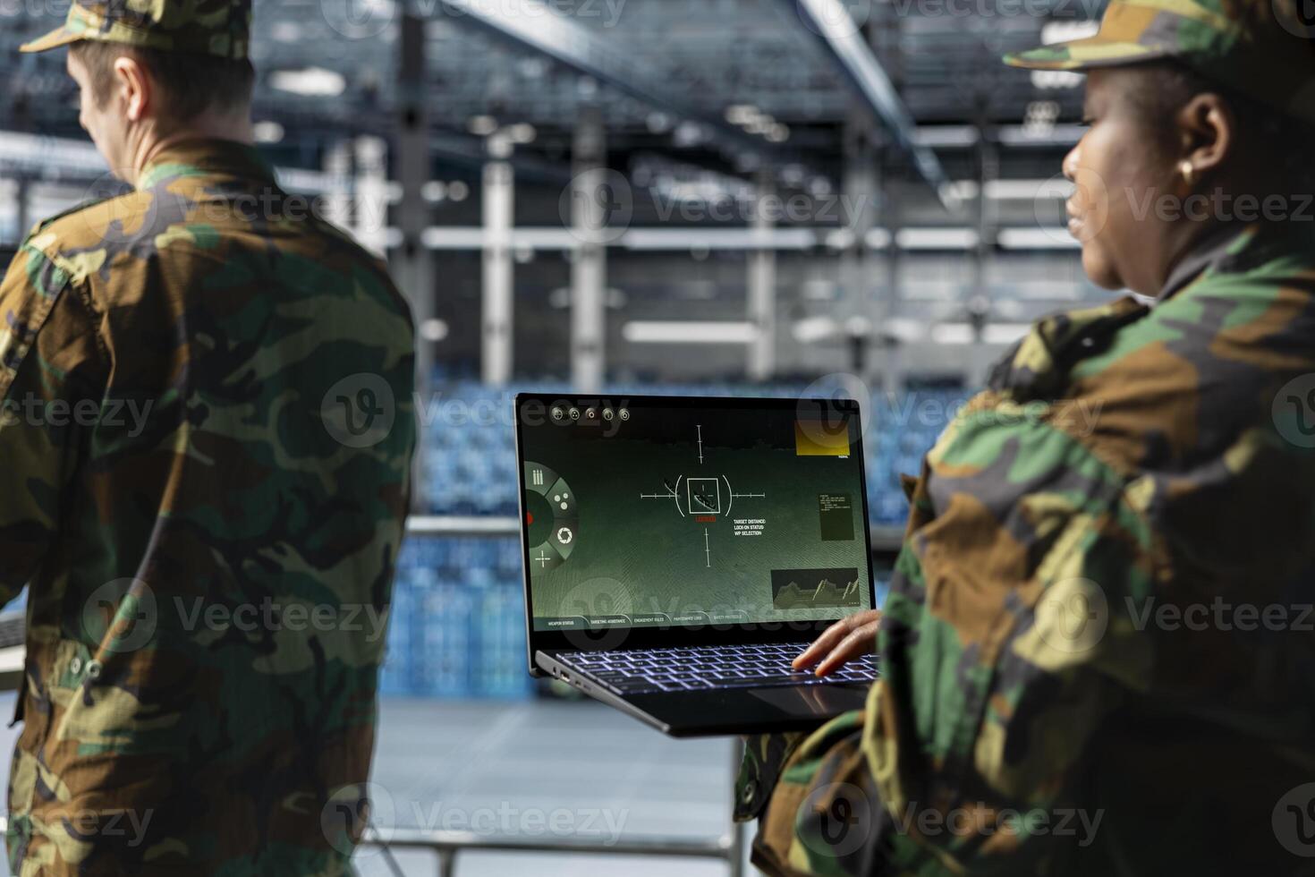 Team of army expert in data center visualizing battlefield zones from satellite command dashboard. Military units in server farm command center adjusting satellite tracking parameters photo