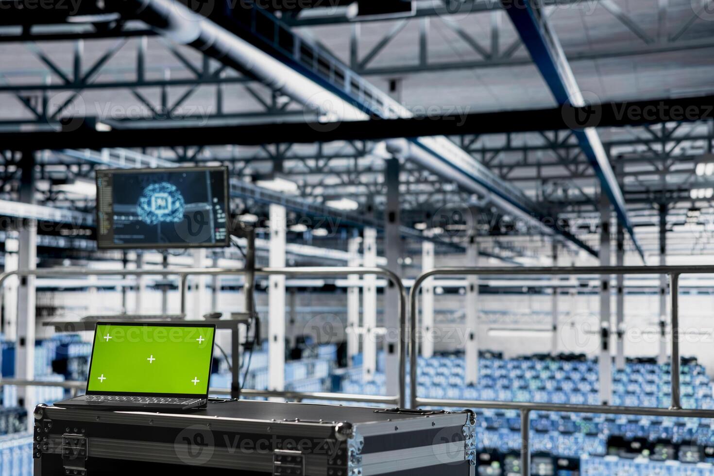 Green screen laptop in server room with machine learning technology detecting data patterns. Chroma key notebook in data center ensuring rapid data access and transfer rates for AI processing photo