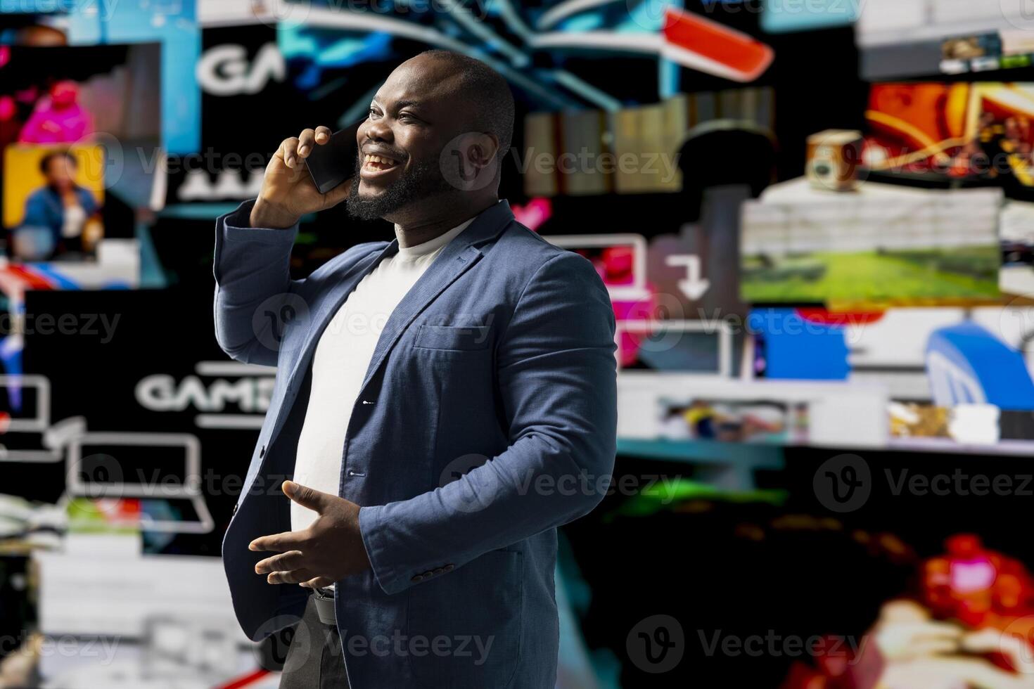 Tech savvy individual discuss about digital content on phone call, using cloud based applications and social media icons to reflect global connection, trends and AI driven influence. photo