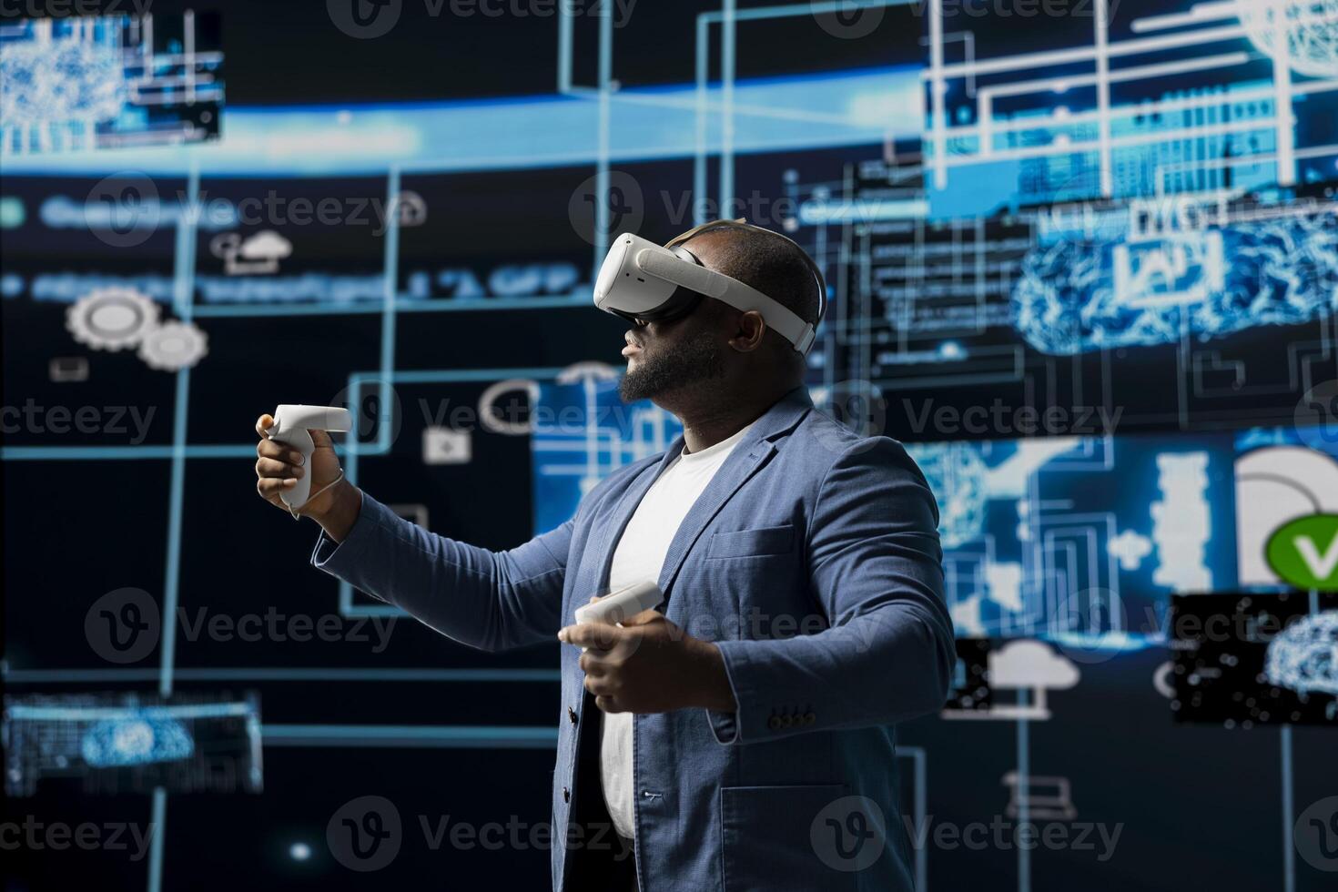 Portrait of a young african american engineer focused on VR headset programming and analytics, surrounded by neural networks systems and AI data visualization. Future of innovation in tech. photo