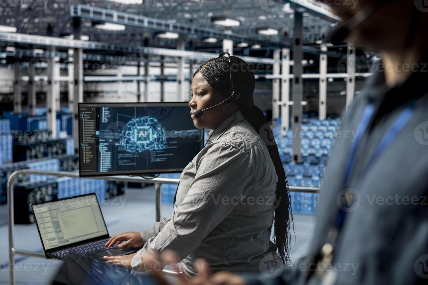 Server hub technicians diagnosing hardware failures using AI support systems, guiding users. Teamworking data center coworkers using headset mic, using automated AI scripts to resolve clients issues photo
