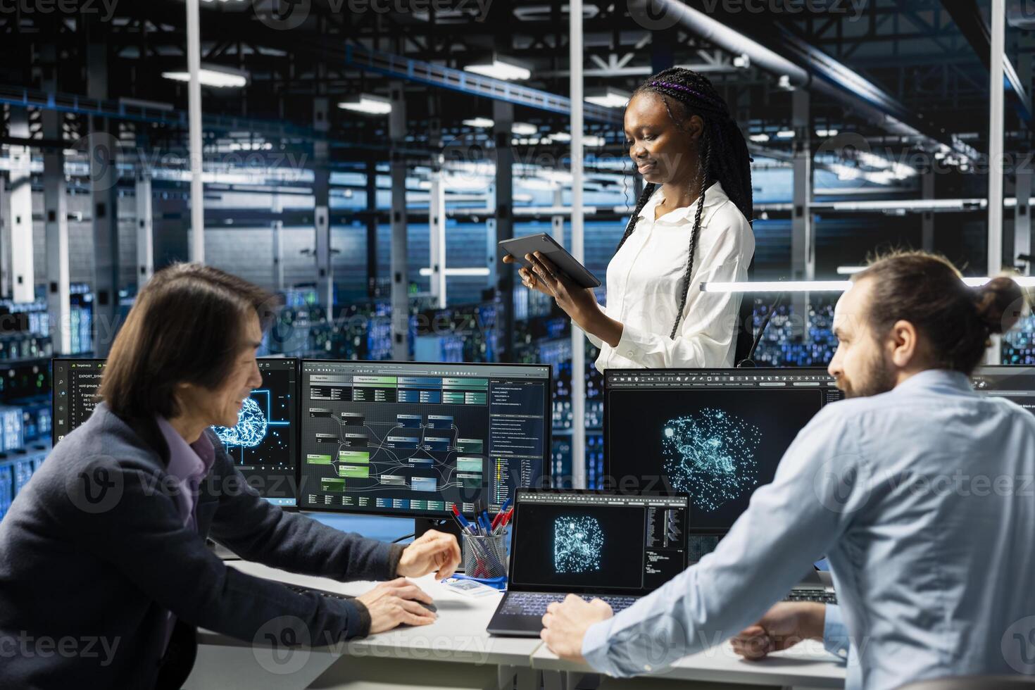 Teamworking data center admins adjusting neural networks model parameters to upgrade systems. Server room IT colleagues scheduling machine learning ran maintenance for infrastructure components photo